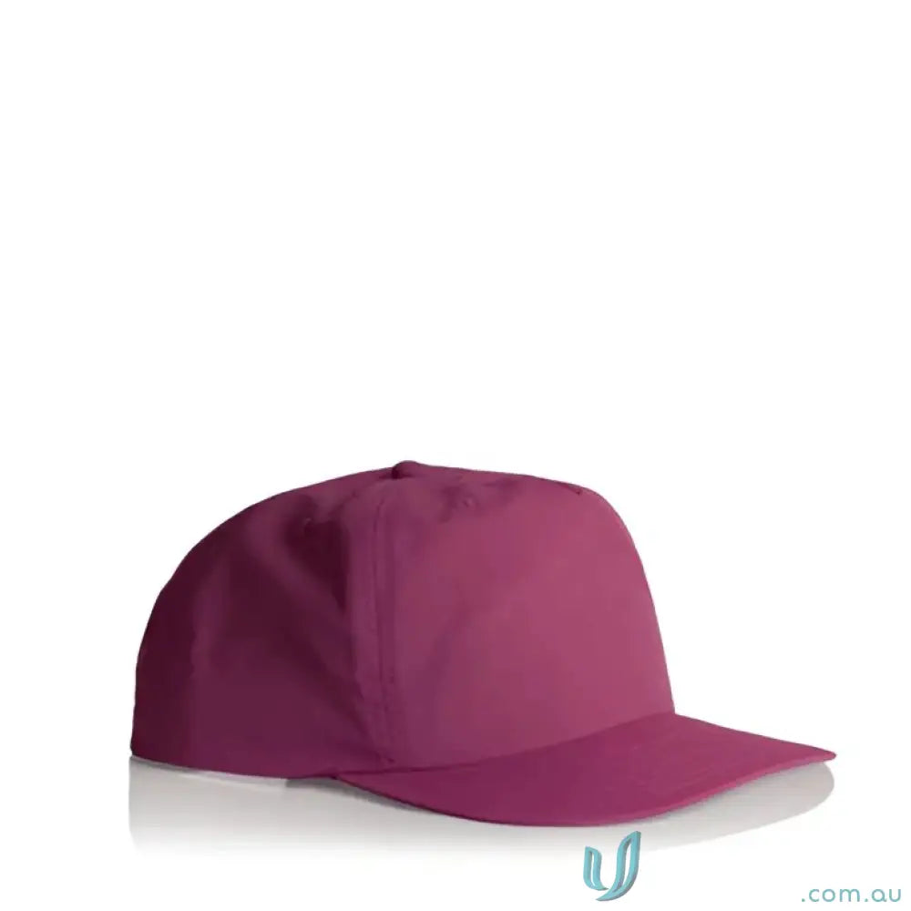 Magenta surf cap with flat brim made from recycled nylon plastic snapback style