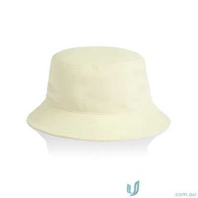 Plain cream-colored bucket hat with reinforced brim, lightweight mid-weight cotton style