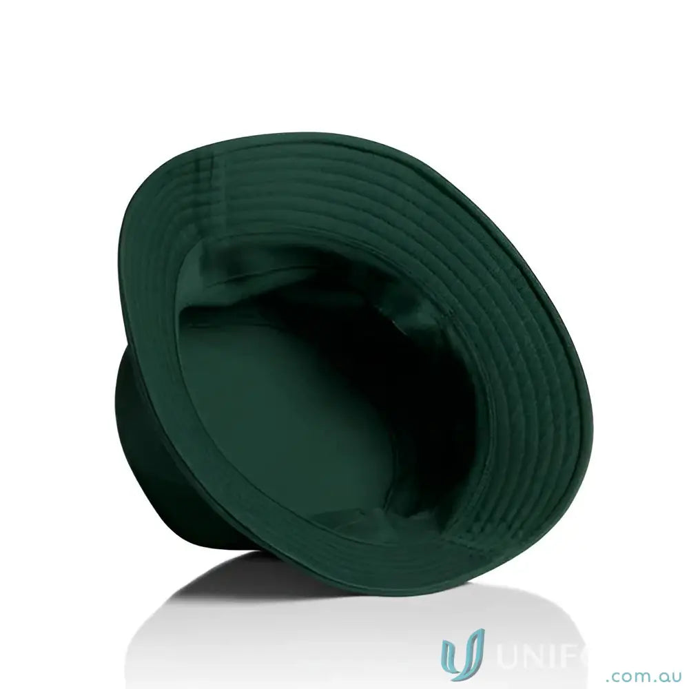 Dark green cotton bucket hat with reinforced brim, lightweight mid-weight style