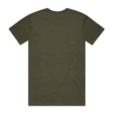 Olive green t-shirt with short sleeves and a crew neck.