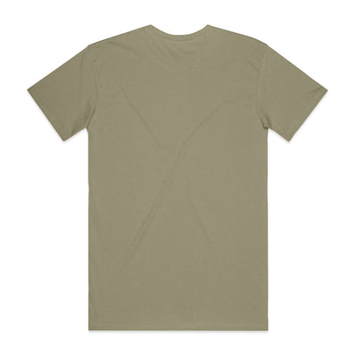 Olive green crew neck t-shirt with short sleeves and a relaxed fit.