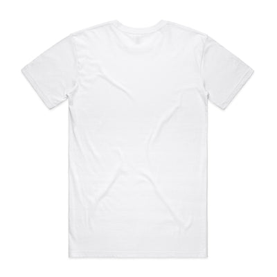White crew neck t-shirt with short sleeves and a relaxed fit.