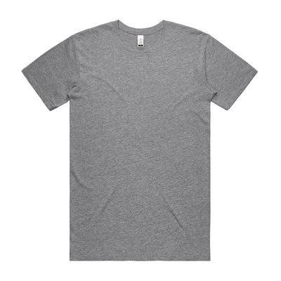 Heather gray crew neck t-shirt with short sleeves and a ribbed neckline.