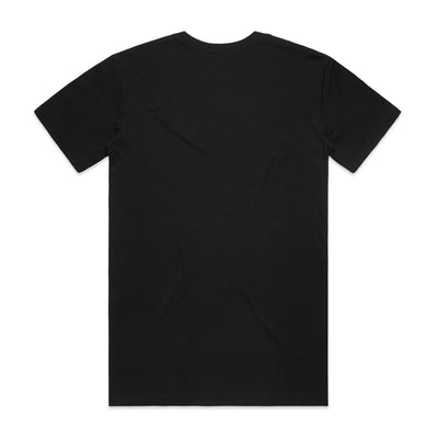 Black v-neck t-shirt with short sleeves and a crew neckline.