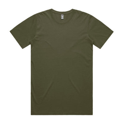 Olive green crew neck t-shirt with short sleeves and a ribbed neckline.