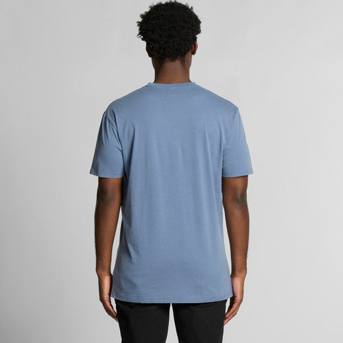 Blue t-shirt with a pocket and short sleeves.