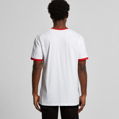 White t-shirt with red trim and collar, likely made of cotton or polyester blend.