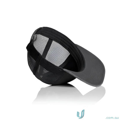 Dark gray trucker cap with durable cotton front and polyester mesh back