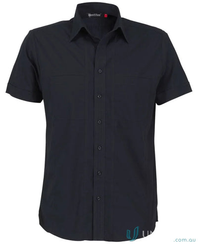Black short-sleeved button-down shirt from Aston SS Shirt, perfect for stylish mens casual wear
