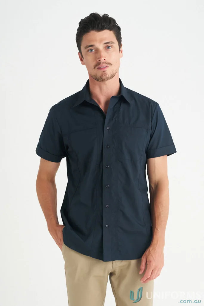 Man in navy Aston SS Shirt, stylish mens casual short sleeve shirt for men