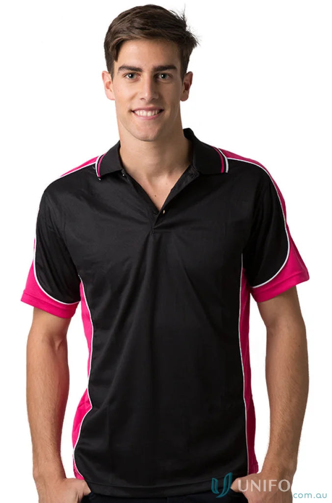 Black and pink Auburn Polo with moisture management and sewn-on pocket for style