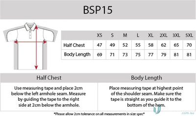 Auburn Polo size chart with moisture management, digital transfer details, and sewn-on pocket