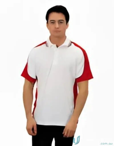 White and red Auburn Polo with sewn-on pocket, perfect for moisture management