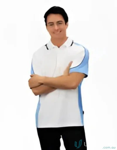 White and blue Auburn Polo with moisture management, sewn-on pocket, and digital transfer