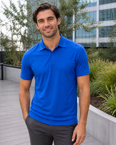 Male model wearing electric blue Bamboo Corporate Polo