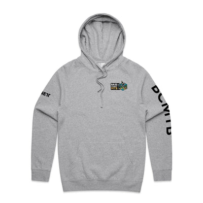 Heather gray hoodie with hood, front pocket and sleeve design featuring ’bowie’ text.