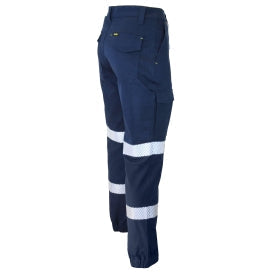 Bio-Motion Segment taped cargo pants with reflective white stripes on dark navy legs