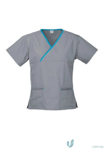 Gray women’s contrast scrub top with teal trim and crossover design, natural stretch