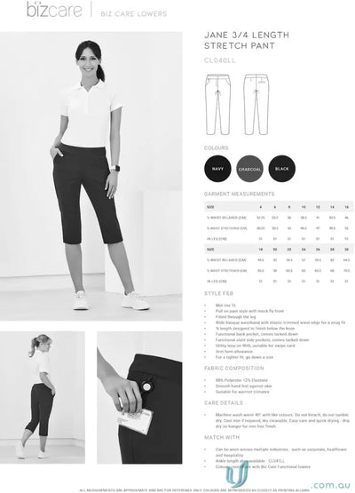 Biz Collection CL040LL-VAC-1 Bizcare Jane 3Q Stretch Pant