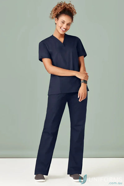 Navy blue womens classic scrub top made from natural stretch fabric for all-day comfort