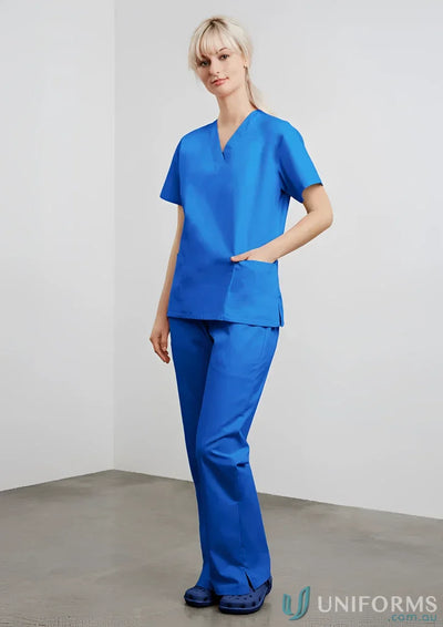Blue womens classic scrub top made from natural stretch fabric for all-day comfort