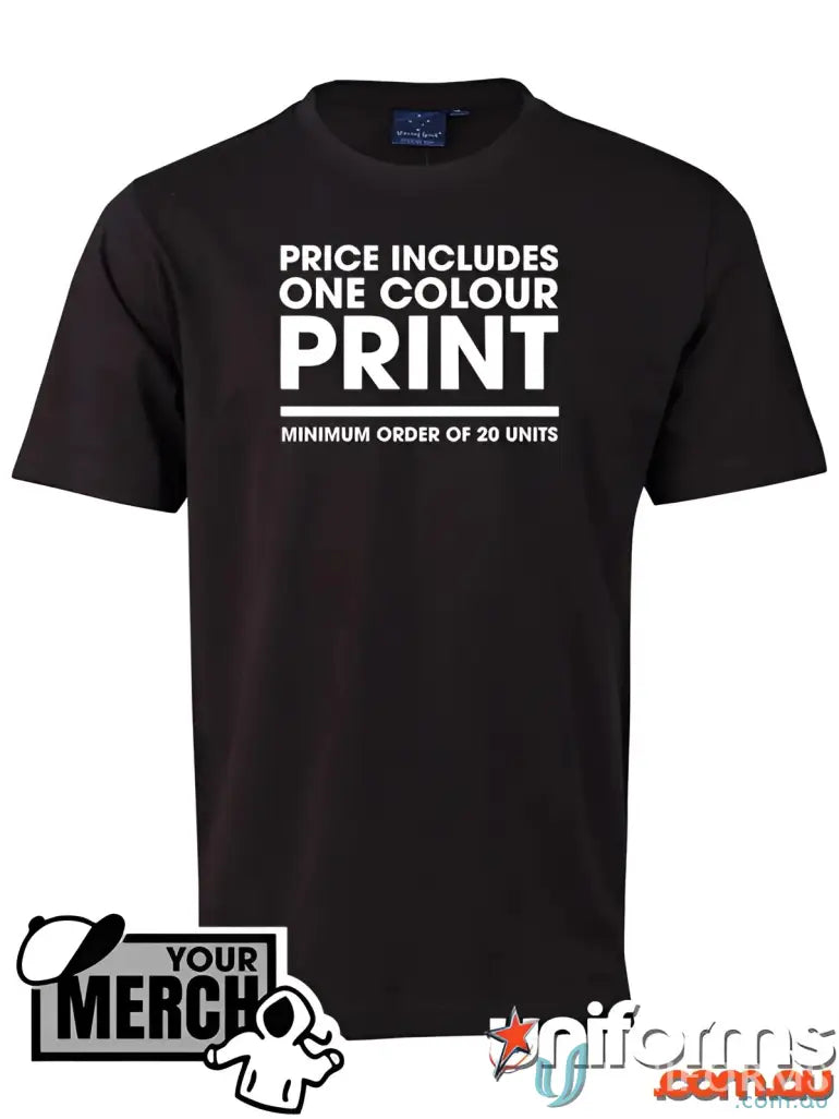 Merchandise Bargains Unbeatable Bargain Merchandise Deals TS20-MOQ100 Black Cotton Jersey Tshirt with Logo Merchandise in Black