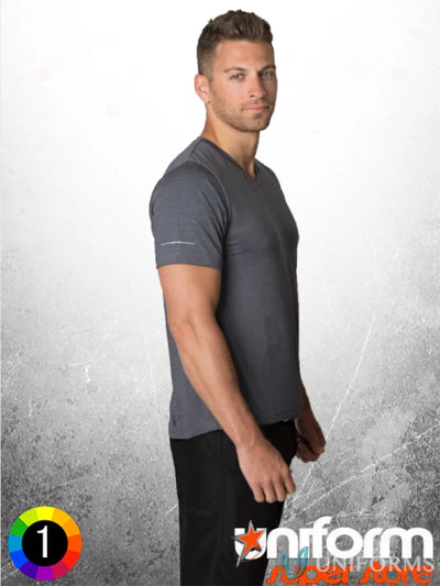 Man in Gray V-neck Tee using Black Kanvas Soft Touch Tee with cooldry moisture tech
