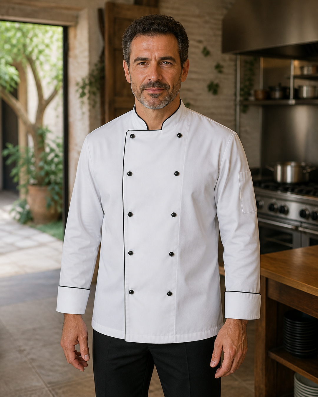 Bobbin Chefs Long Sleeve Jacket in white with black piping