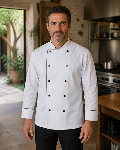 Bobbin Chefs Long Sleeve Jacket in white with black piping