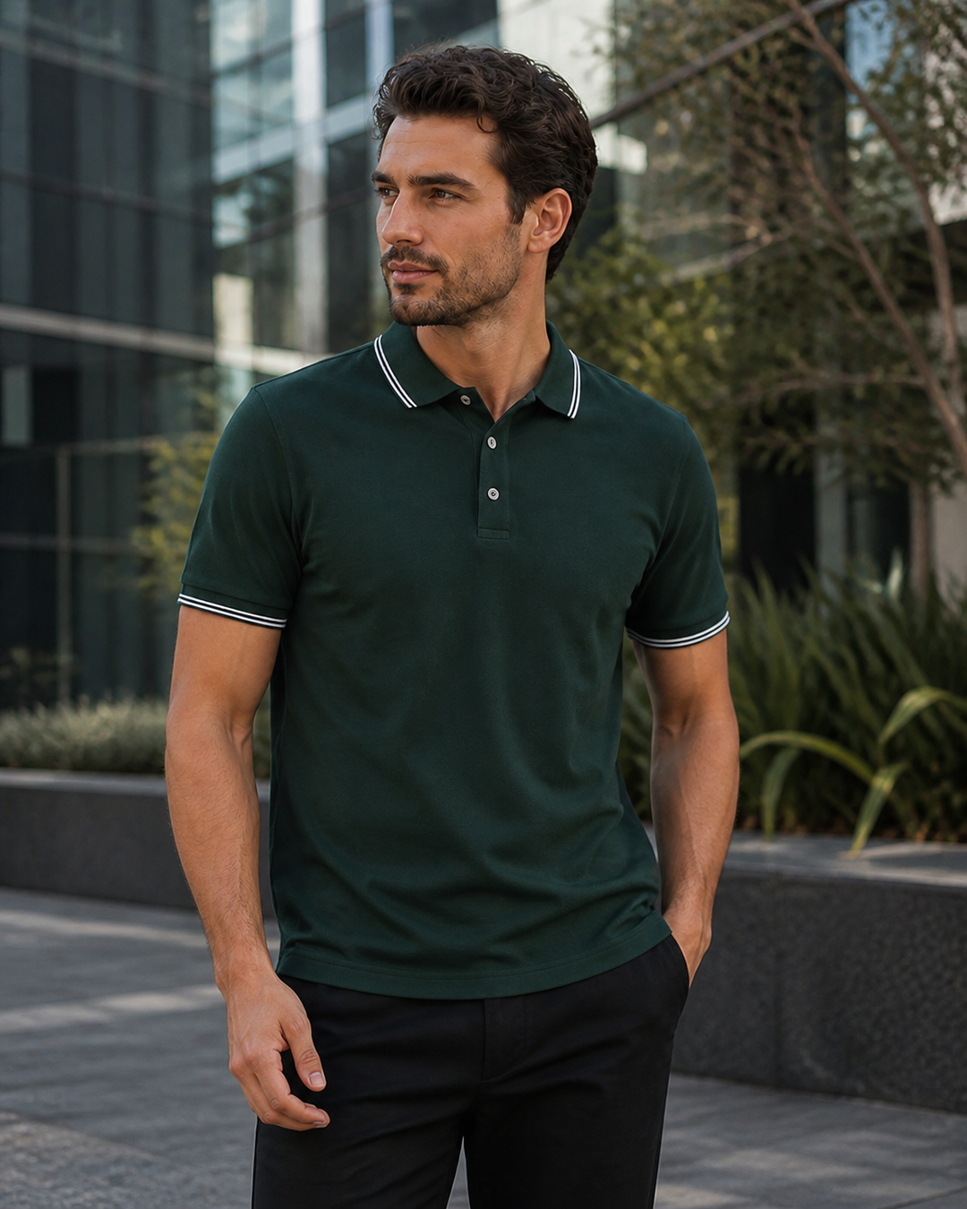 Mediterranean Australian male model wearing bottle green Bobbin Contrast Polo
