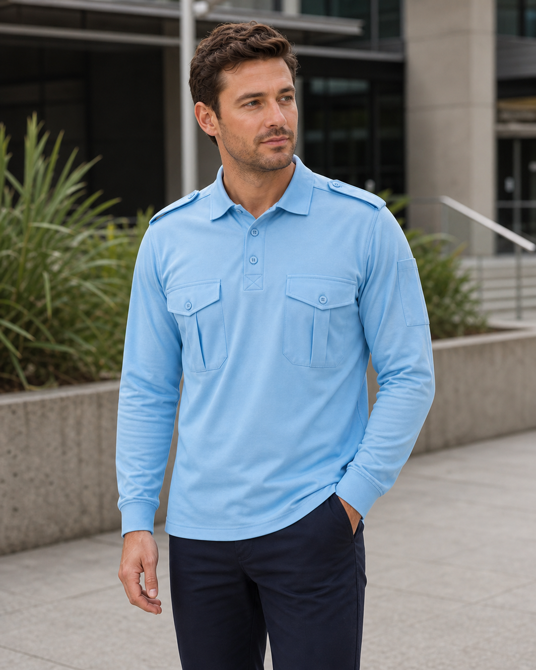 Male model wearing pale sky-blue Bobbin Epaulette long sleeve polo