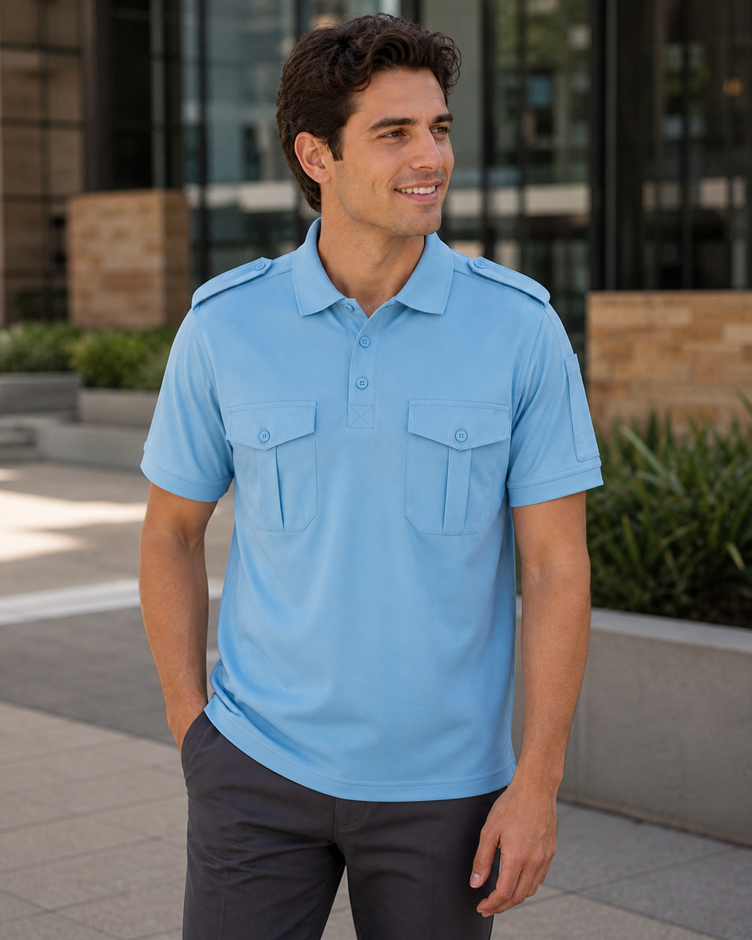 Male model wearing pale sky-blue Bobbin Epaulette short sleeve polo