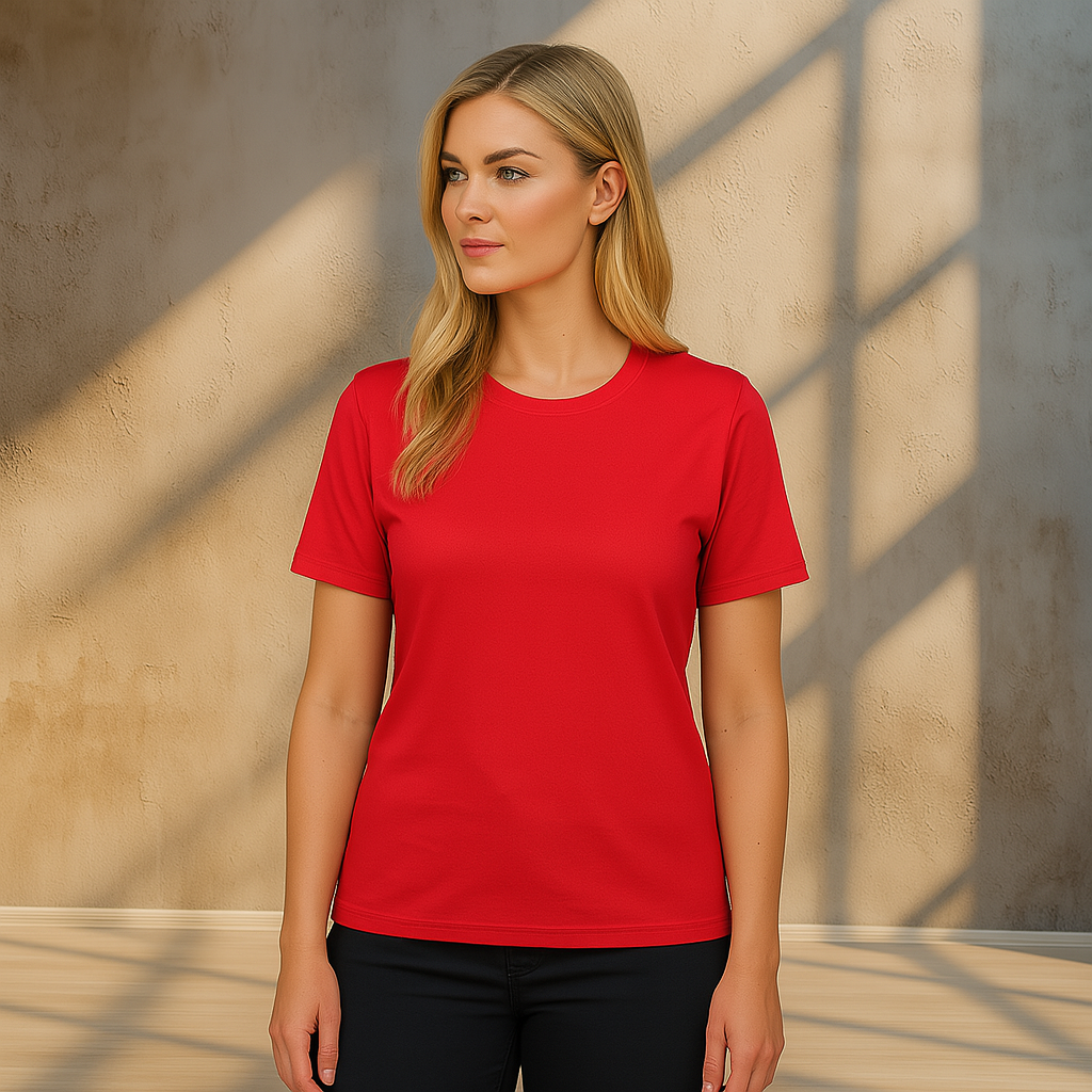 Vibrant red JB’s Wear Bobbin Tee women’s short-sleeve crew neck shirt