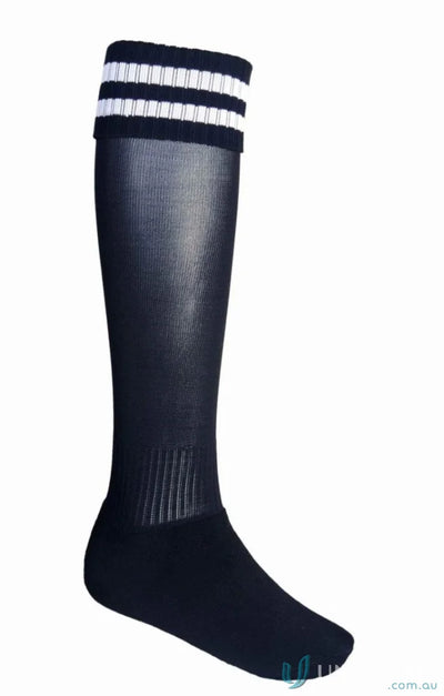 Black knee-high sports socks with white stripes, perfect for uniforms and shoe sizes