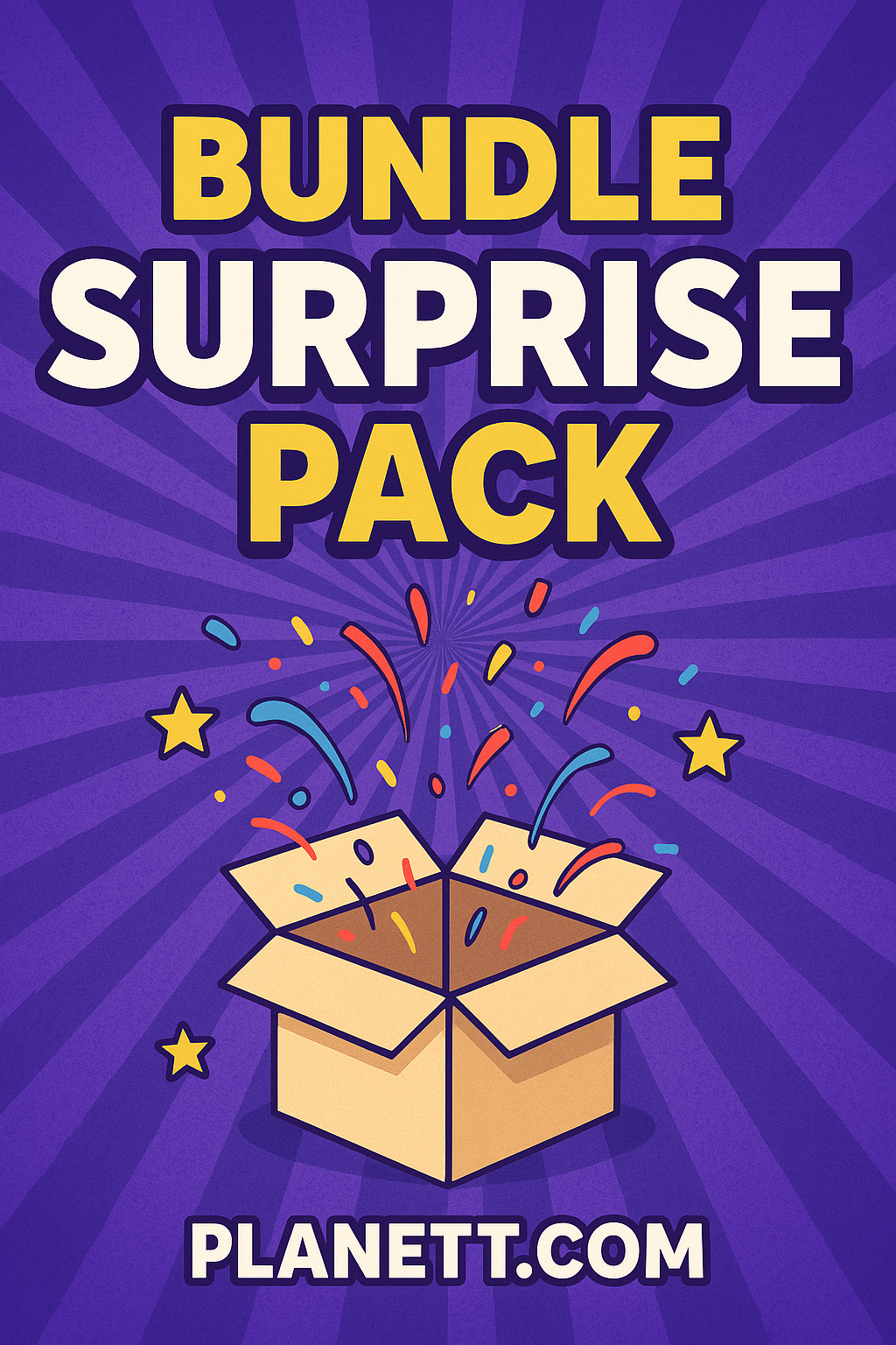An open cardboard box overflowing with colorful confetti and stars.