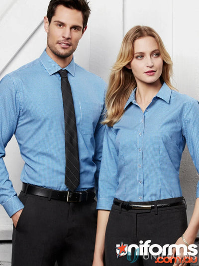 Two people in matching Ellison Long Sleeve Boronia LS Shirts, perfect mens business look