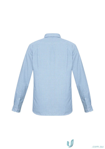 Plumbers choice emb long-sleeved light blue and white checkered shirt perfect for work uniforms and workwear