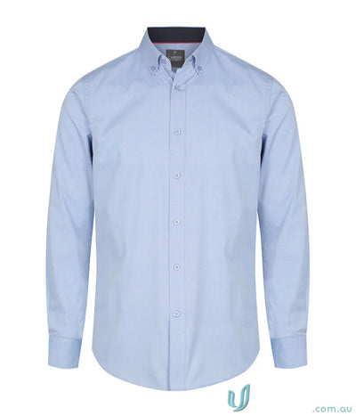 Light blue Bradford Fine Oxford slim fit shirt with easy iron long sleeves and button-down collar