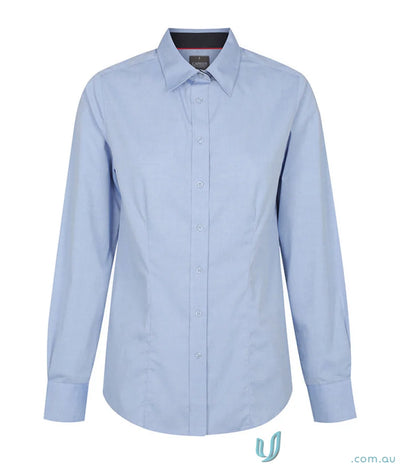 Light blue womens fine oxford silk protein shirt with easy iron slim fit for women