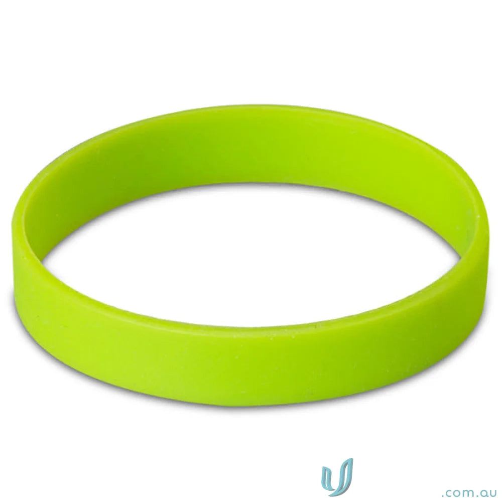 Lime green branded silicone wristband with free decoration options and pad print style