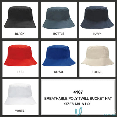 Breathable Poly Twill Bucket Hat in various colors, perfect for workwear and uniforms