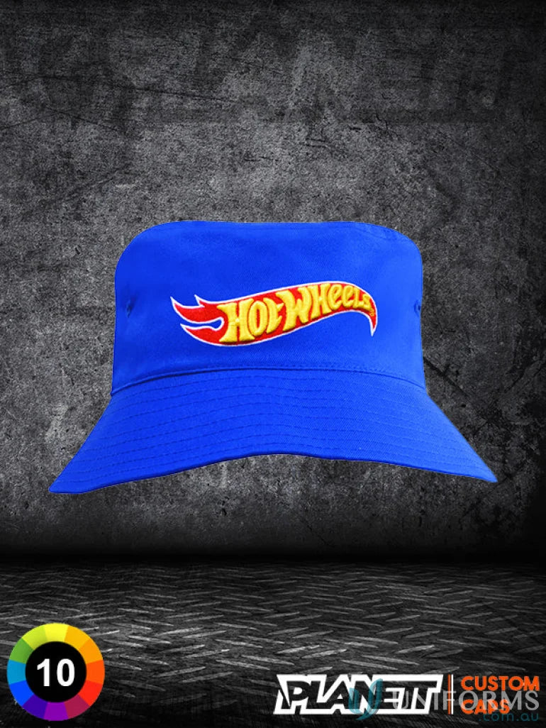 Blue bucket hat with Hot Wheels logo, perfect for kids’ uniforms or casual workwear