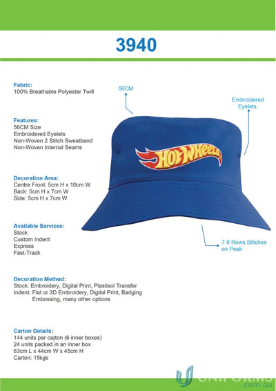 Blue bucket hat with Hot Wheels logo, perfect for kids’ uniforms or workwear FAQ link