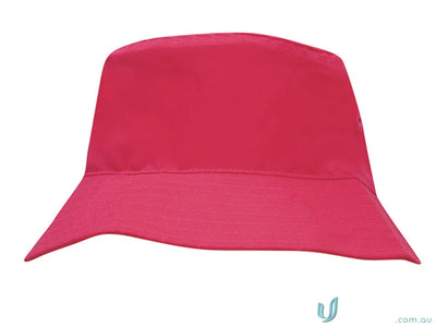 Fuchsia pink bucket hat from Breathable Poly Twill Kids Bucket Hat collection, perfect for uniforms or workwear FAQs link included