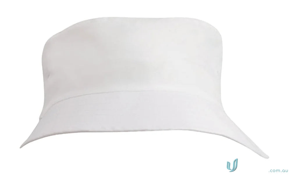 Plain white bucket hat from Breathable Poly Twill Kids Bucket Hat, perfect for uniforms or casual workwear, FAQ link included