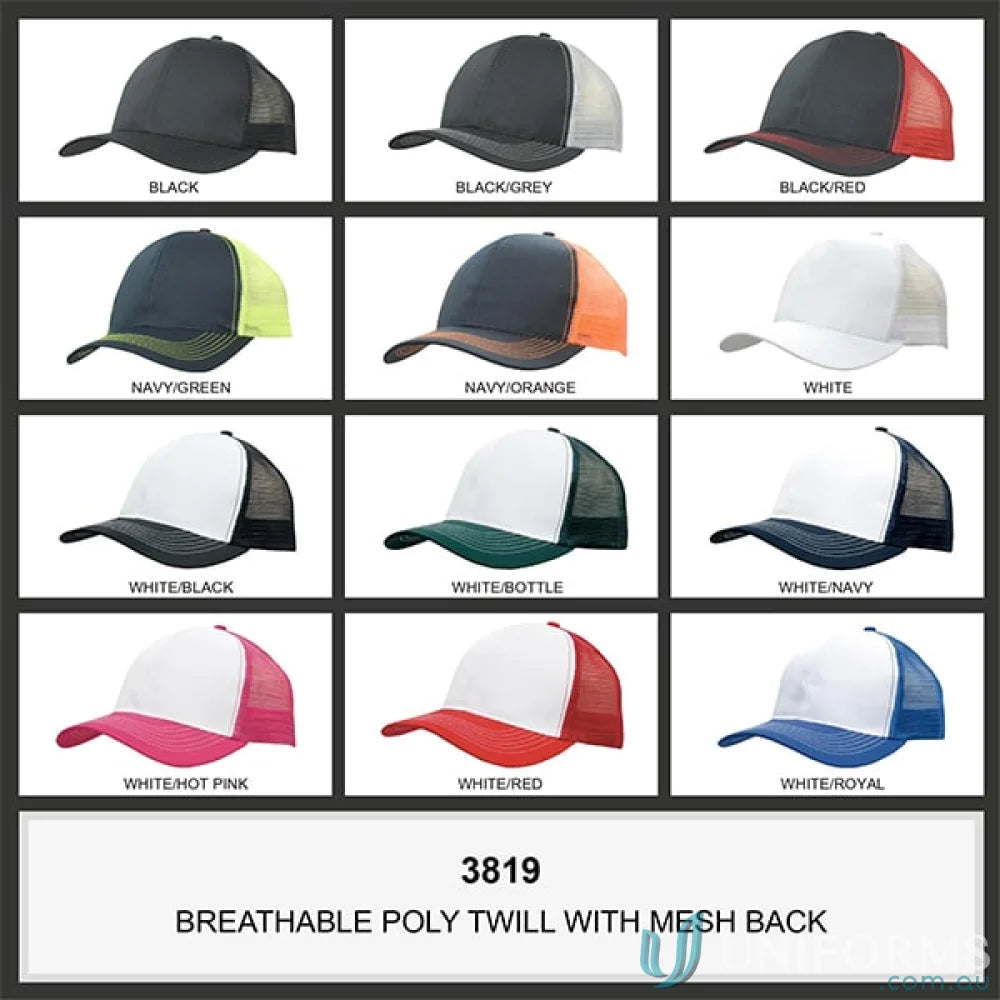 Breathable Poly Twill With Mesh Back caps perfect for workwear and uniforms, see faq link