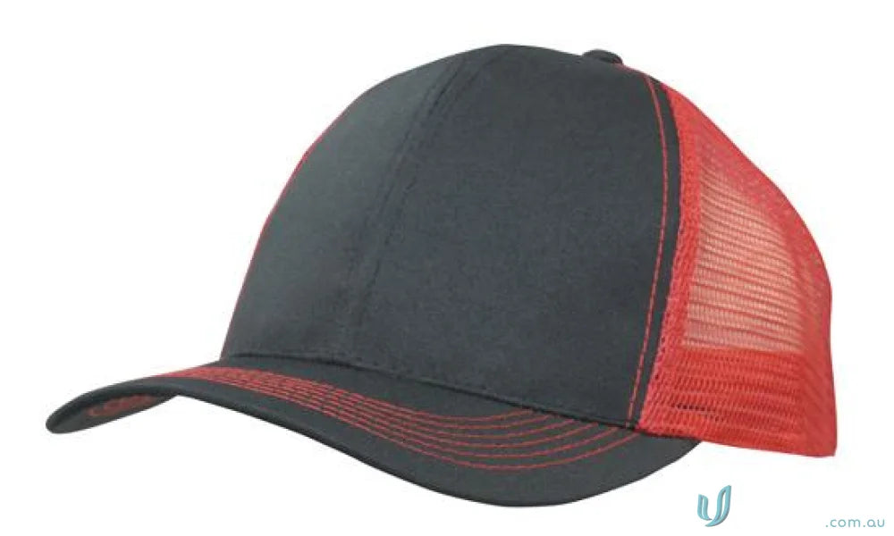 Black and red trucker hat in Breathable Poly Twill with Mesh Back, perfect for workwear or uniforms