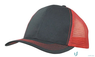 Black and red trucker hat in Breathable Poly Twill with Mesh Back, perfect for workwear or uniforms