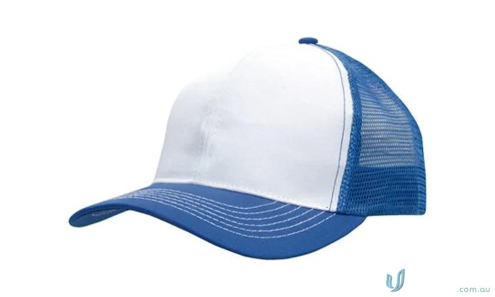 Blue and white trucker hat from Breathable Poly Twill with Mesh Back, ideal for workwear and uniforms