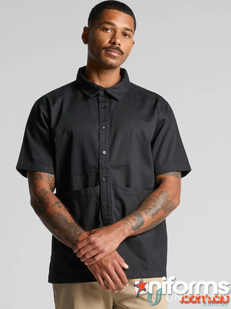 Black short-sleeved button-down Brewery Shirt, perfect workwear for uniforms